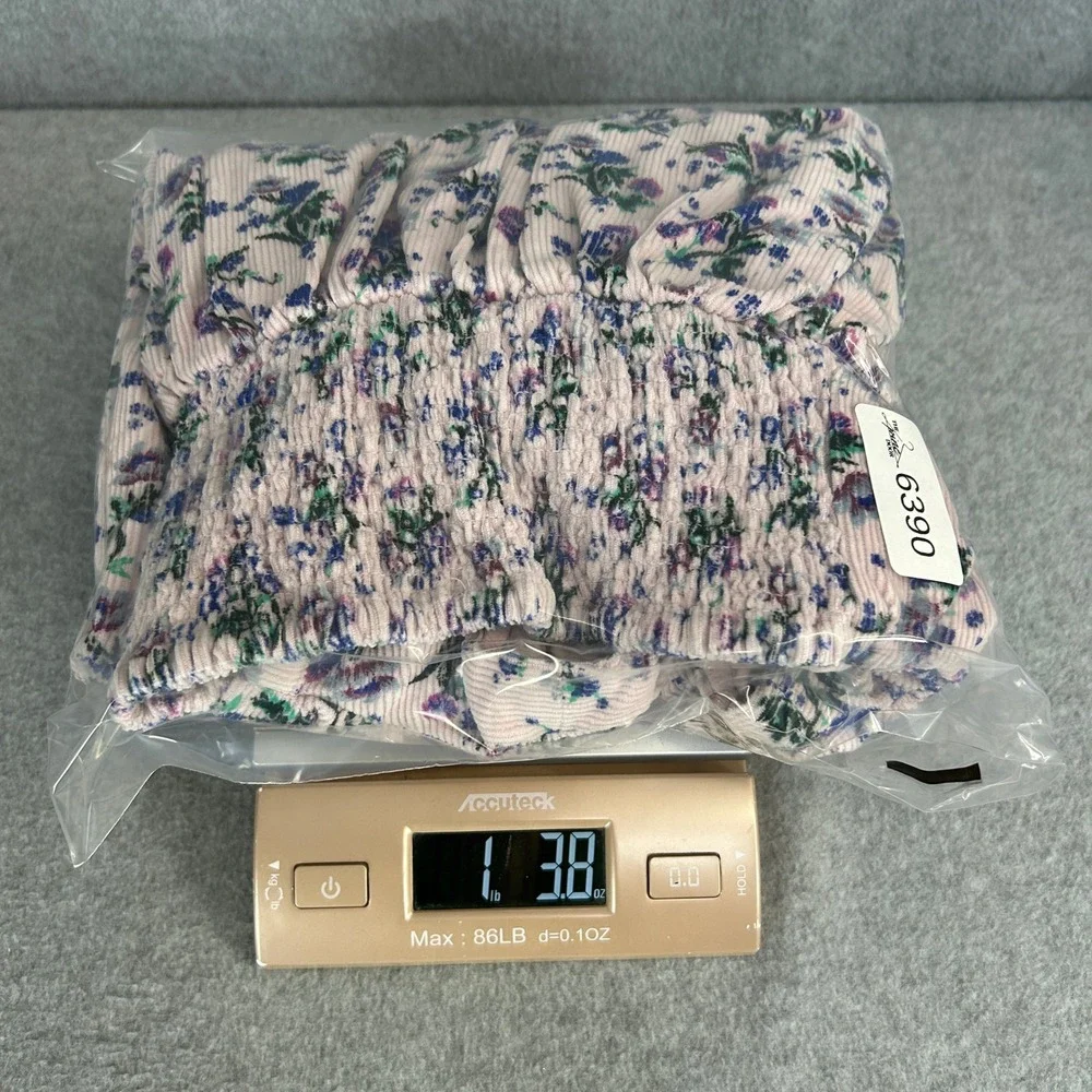Free People Large Babydoll Top Pink Gaia Corduroy Floral Puff Sleeve Velvet Bow